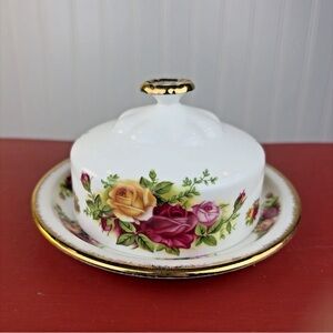 Royal Albert White Butter Dish with Floral and Gold Accents